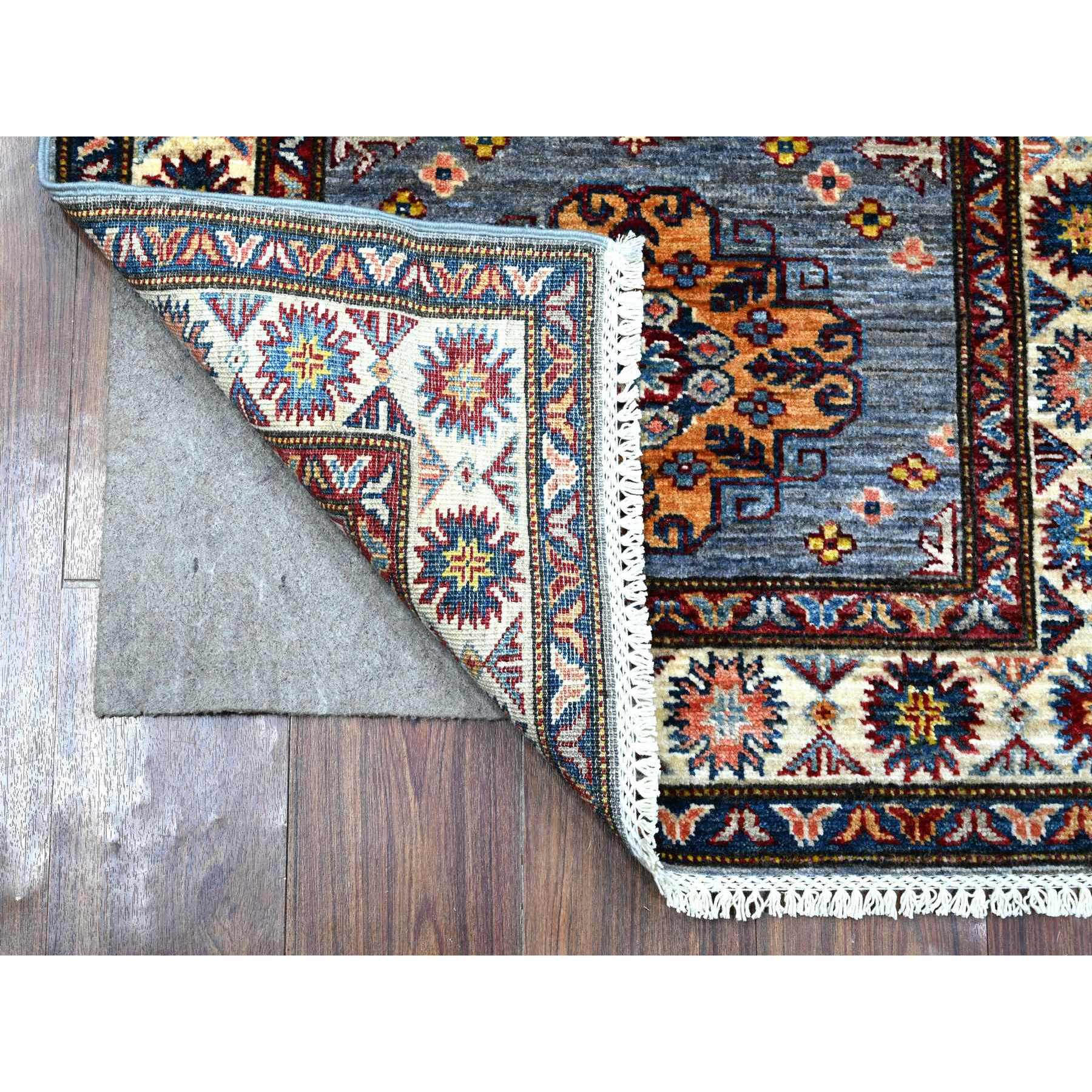 2'7"x8'4" Thundercloud Gray and Classic White, Hand Knotted Afghan Super Kazak, Vegetable Dyes, All Over Medallions, All Wool, Runner Oriental Rug HR89305 - Image 2