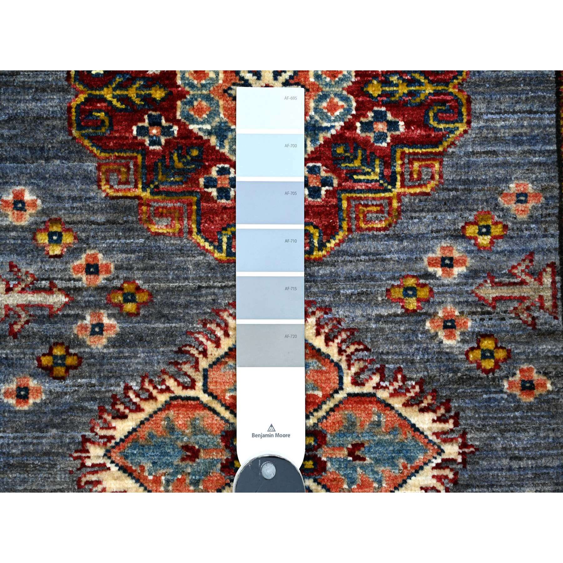 2'7"x8'4" Thundercloud Gray and Classic White, Hand Knotted Afghan Super Kazak, Vegetable Dyes, All Over Medallions, All Wool, Runner Oriental Rug HR89305 - Image 3