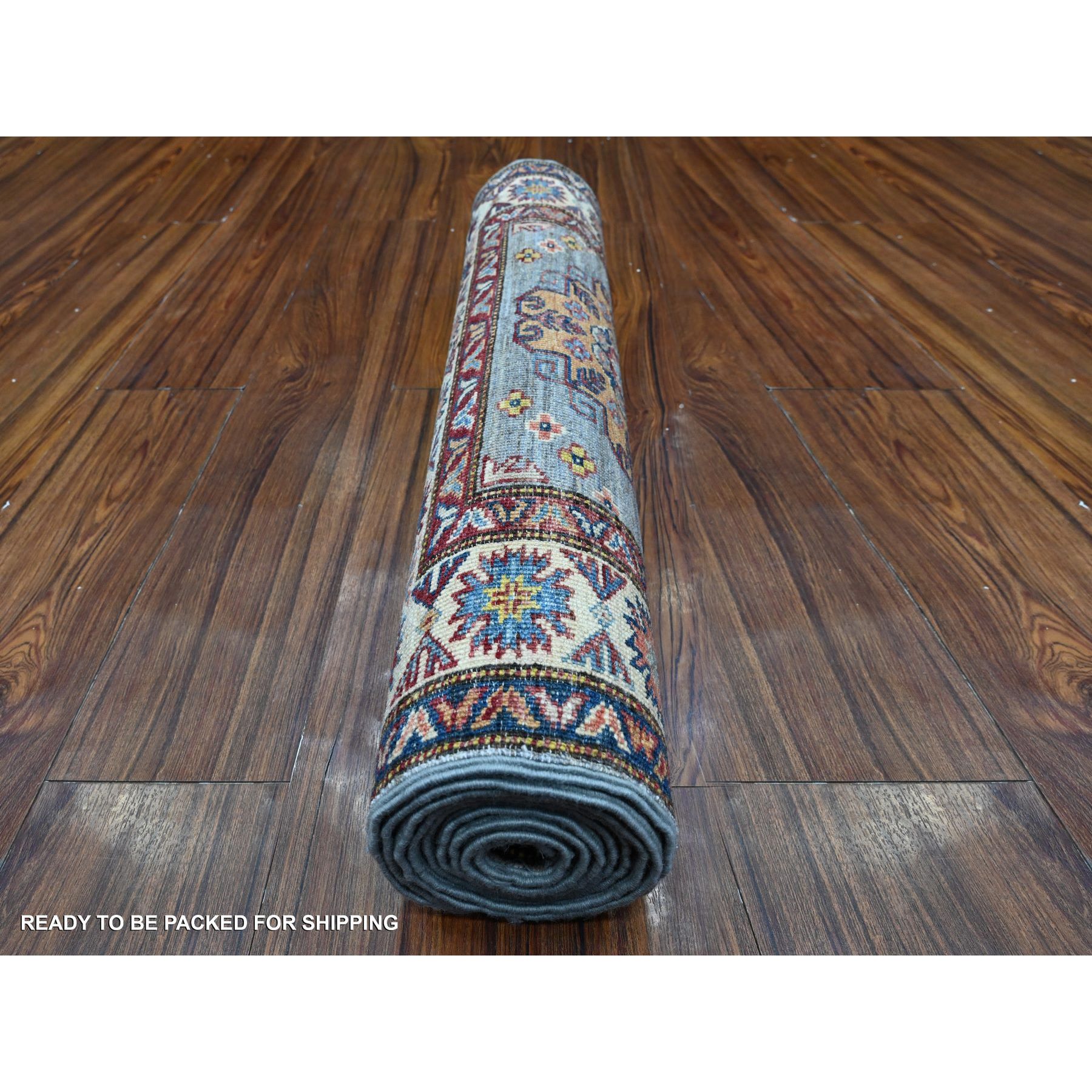 2'7"x8'4" Thundercloud Gray and Classic White, Hand Knotted Afghan Super Kazak, Vegetable Dyes, All Over Medallions, All Wool, Runner Oriental Rug HR89305 - Image 4