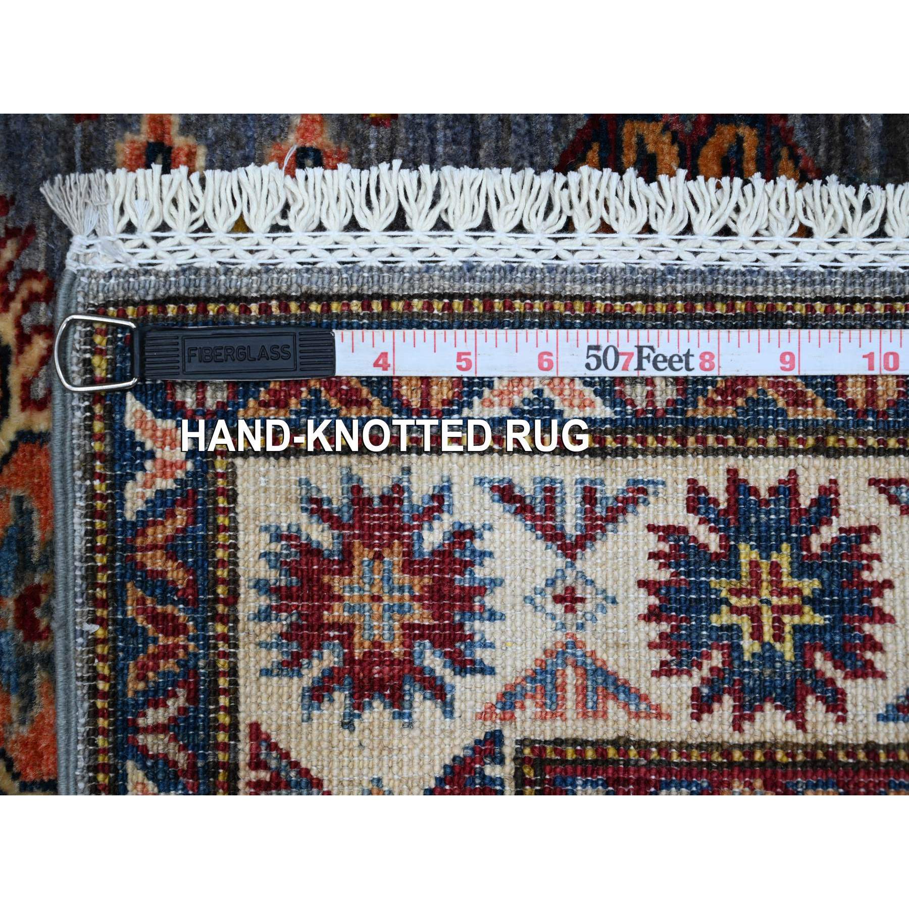 2'7"x8'4" Thundercloud Gray and Classic White, Hand Knotted Afghan Super Kazak, Vegetable Dyes, All Over Medallions, All Wool, Runner Oriental Rug HR89305 - Image 6