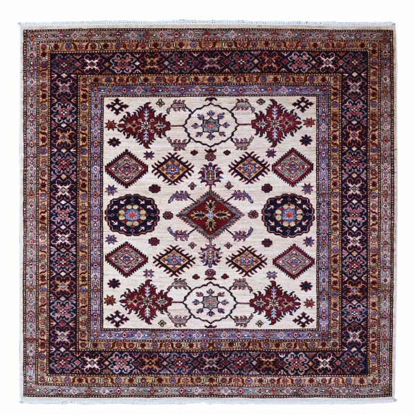 6'x6' White Pepper, Soft And Velvety Wool Super Kazak Geometric Patterns Afghan Hand Knotted Vegetable Dyes Square Oriental Rug HR89328