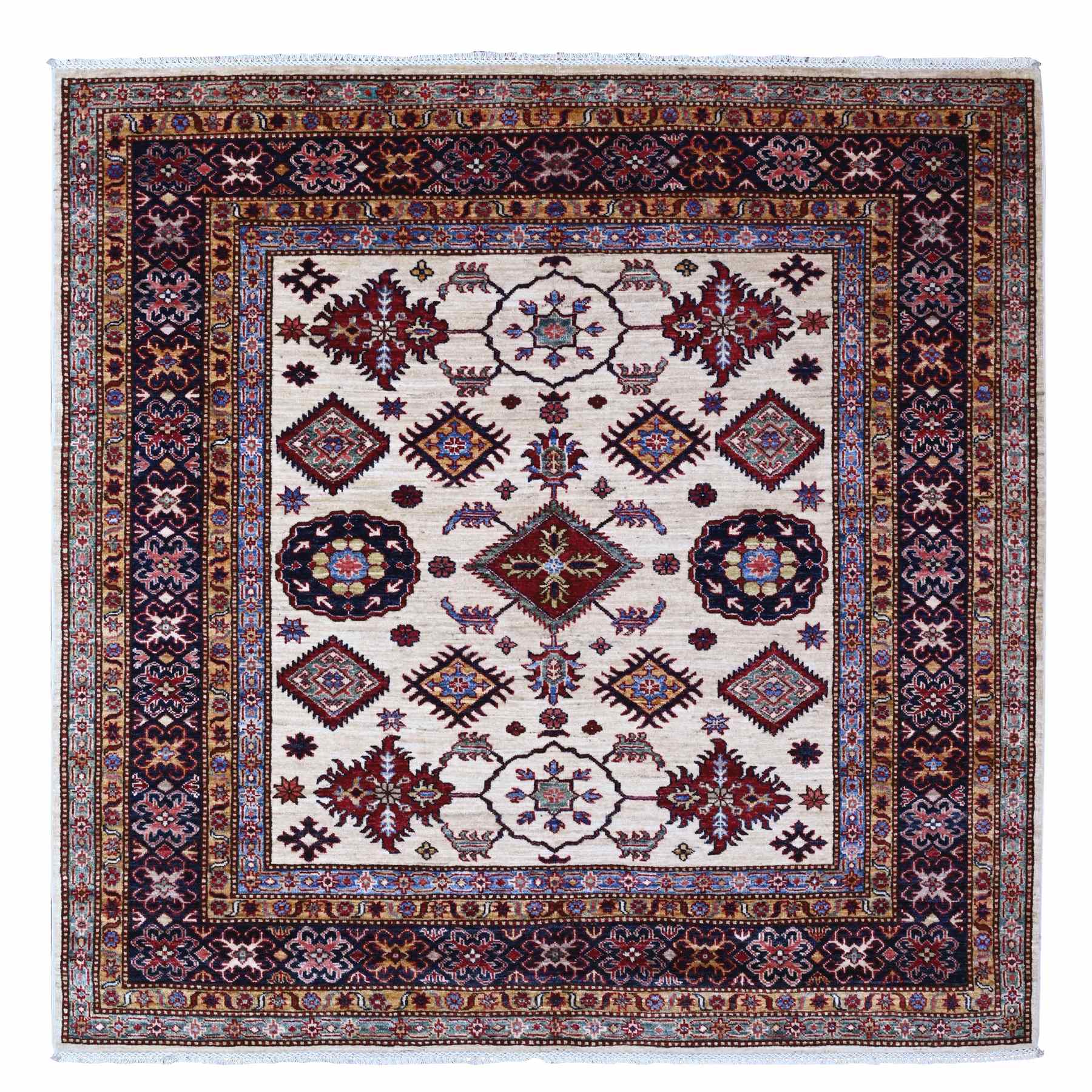 6'x6' White Pepper, Soft And Velvety Wool Super Kazak Geometric Patterns Afghan Hand Knotted Vegetable Dyes Square Oriental Rug HR89328