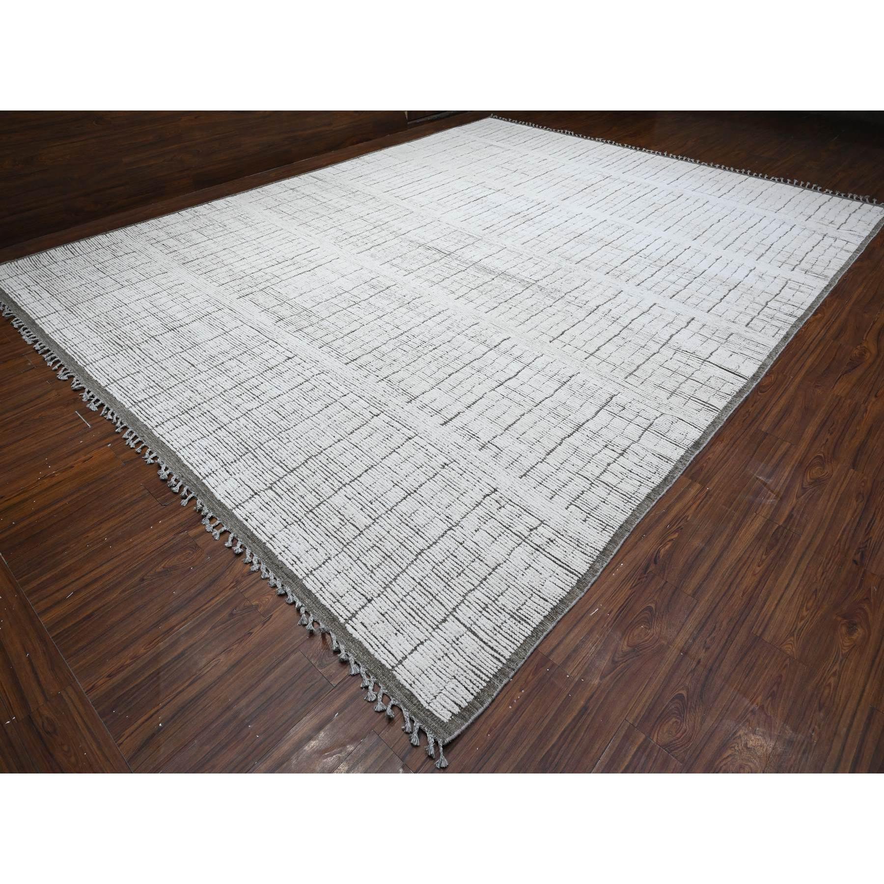 12'2"x15'9" Gesso White, Beni Ourain Moroccan Weave, Vegetable Dyes, Hand Knotted Vertical Line Pattern, Extra Soft Wool, Oversized Oriental Rug HR89335 - Image 3