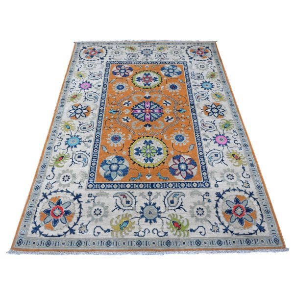 4'10"x6'8" Metallic Orange, Broad Borders, Pure And Shiny Wool, Colorful Hand Knotted Fusion Kazak, Caucasian Design, Oriental Rug HR89336