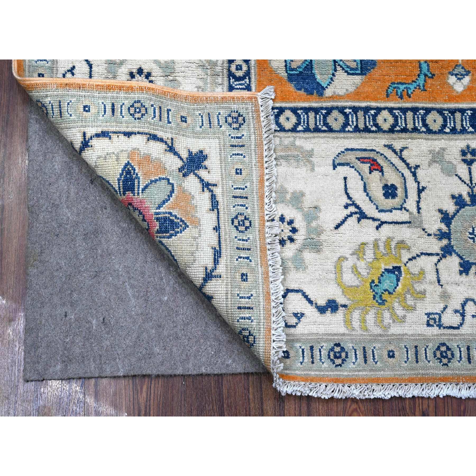 4'10"x6'8" Metallic Orange, Broad Borders, Pure And Shiny Wool, Colorful Hand Knotted Fusion Kazak, Caucasian Design, Oriental Rug HR89336 - Image 2