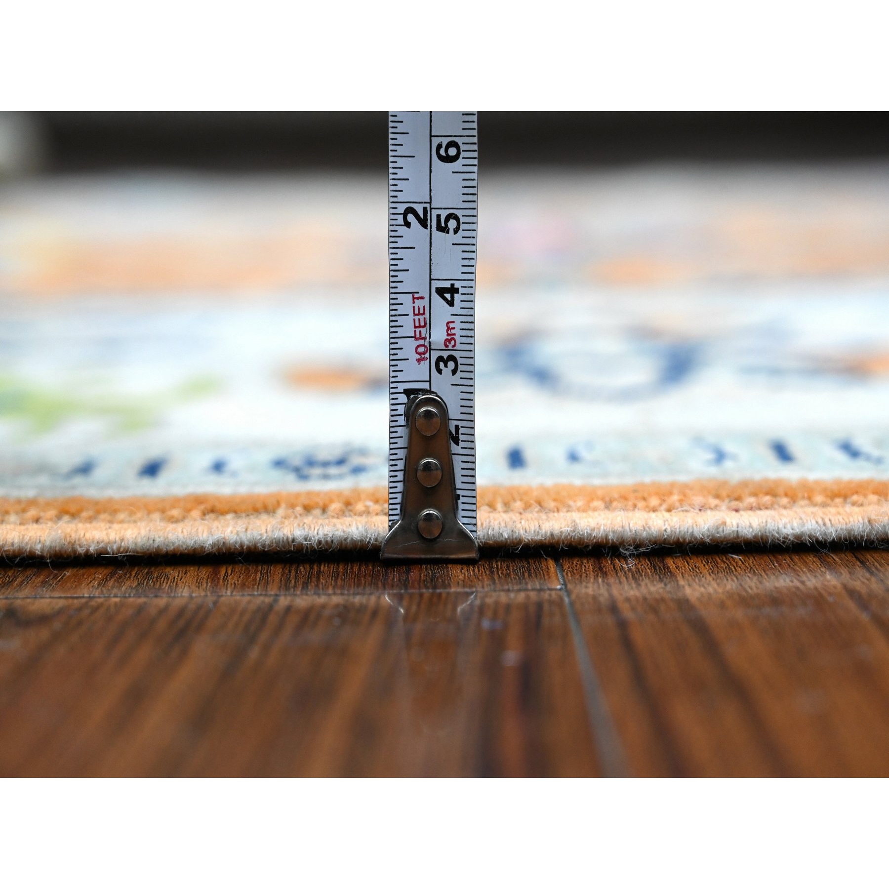 4'10"x6'8" Metallic Orange, Broad Borders, Pure And Shiny Wool, Colorful Hand Knotted Fusion Kazak, Caucasian Design, Oriental Rug HR89336 - Image 5