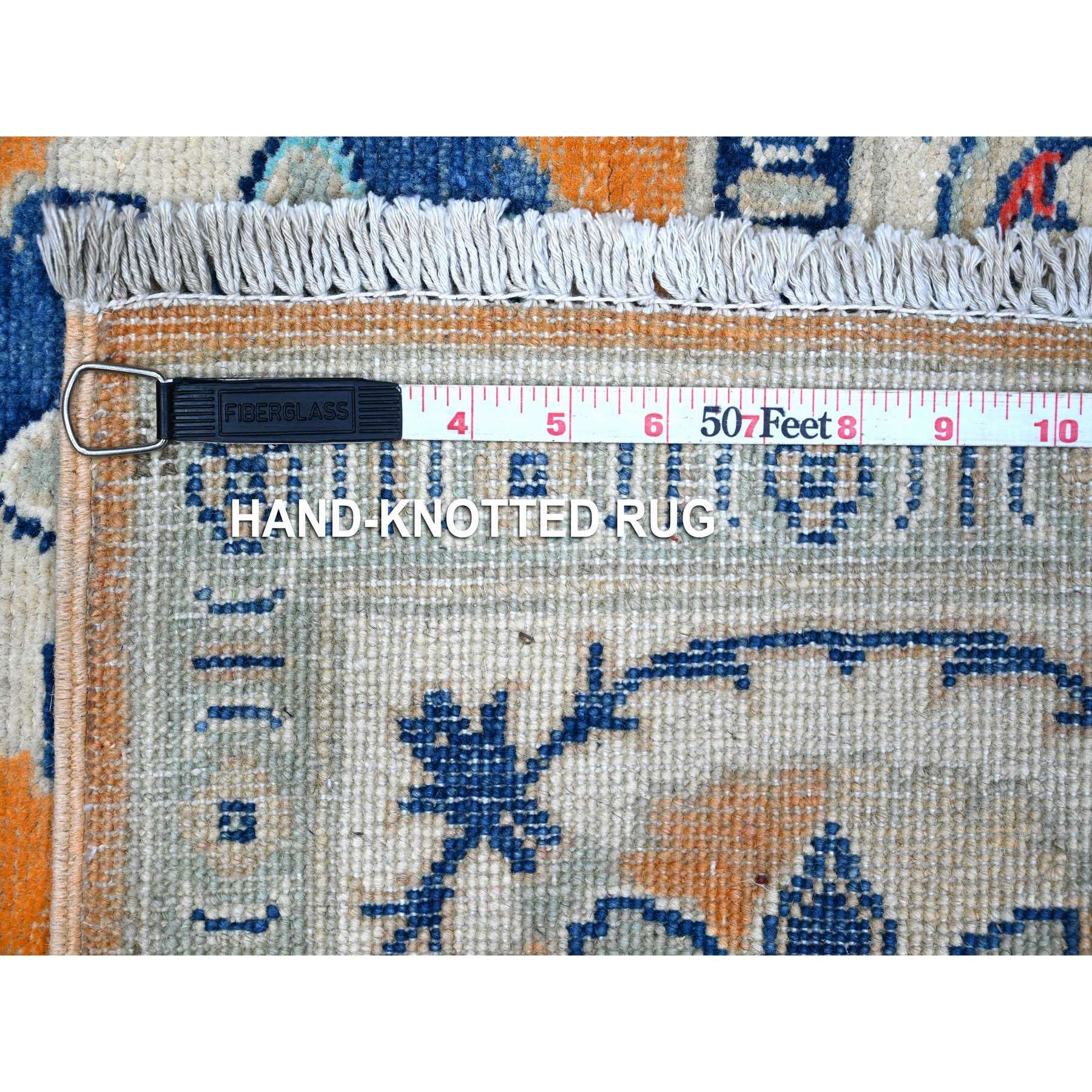 4'10"x6'8" Metallic Orange, Broad Borders, Pure And Shiny Wool, Colorful Hand Knotted Fusion Kazak, Caucasian Design, Oriental Rug HR89336 - Image 6