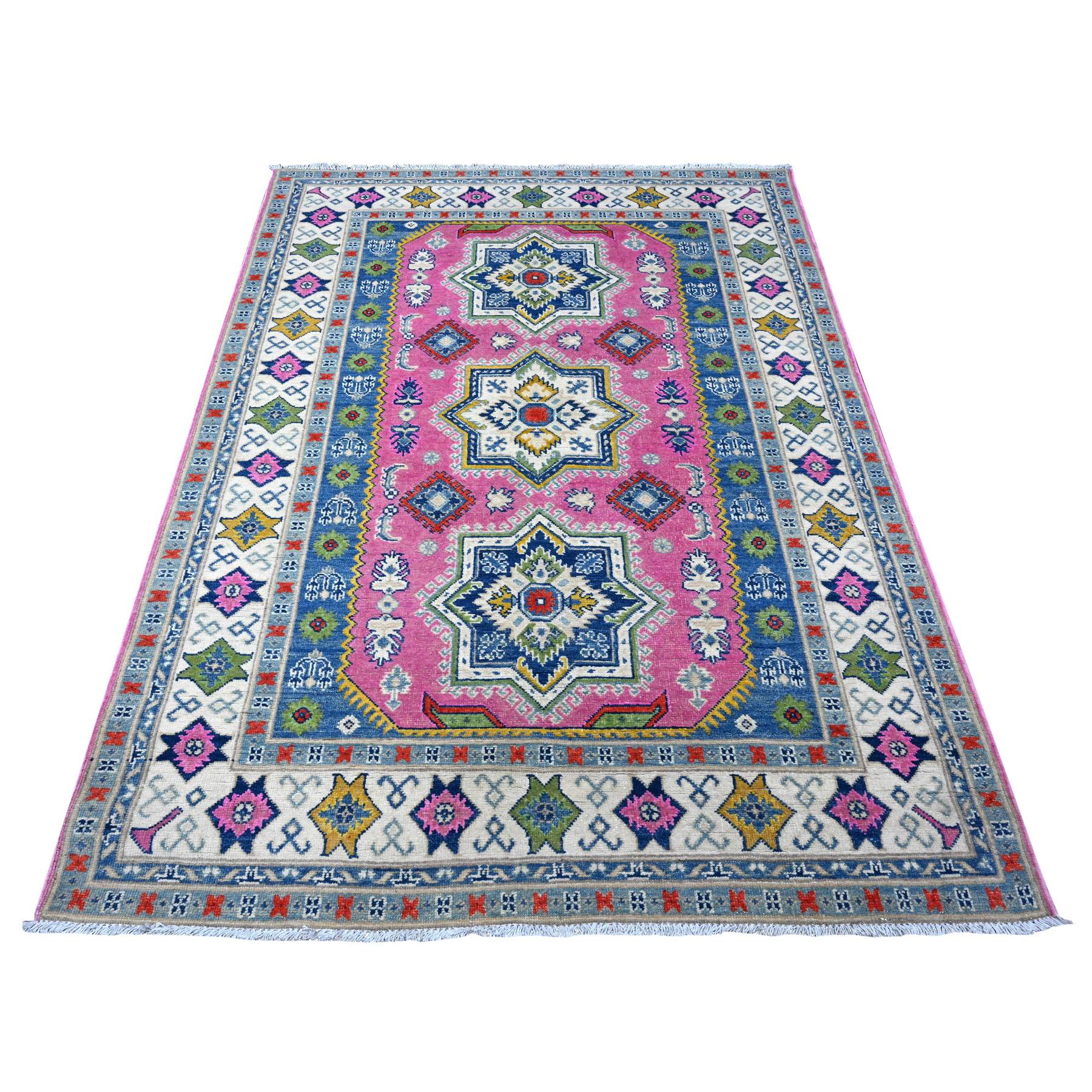 5'x6'9" Thulian Pink, Hand Knotted Caucasian Design, Colorful And Vibrant Fusion Kazak, Pure Wool, Oriental Rug HR89338