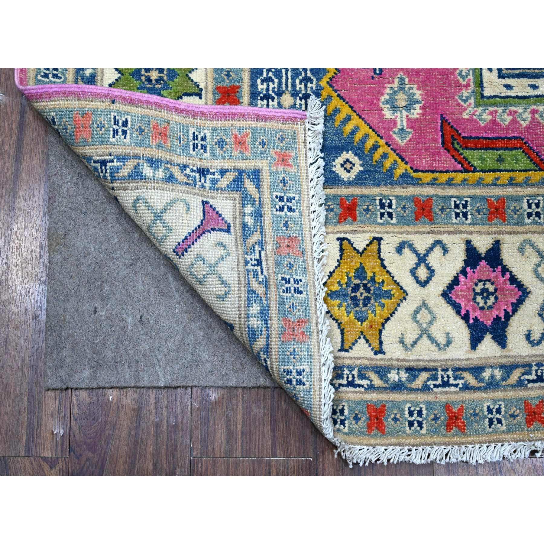 5'x6'9" Thulian Pink, Hand Knotted Caucasian Design, Colorful And Vibrant Fusion Kazak, Pure Wool, Oriental Rug HR89338 - Image 2
