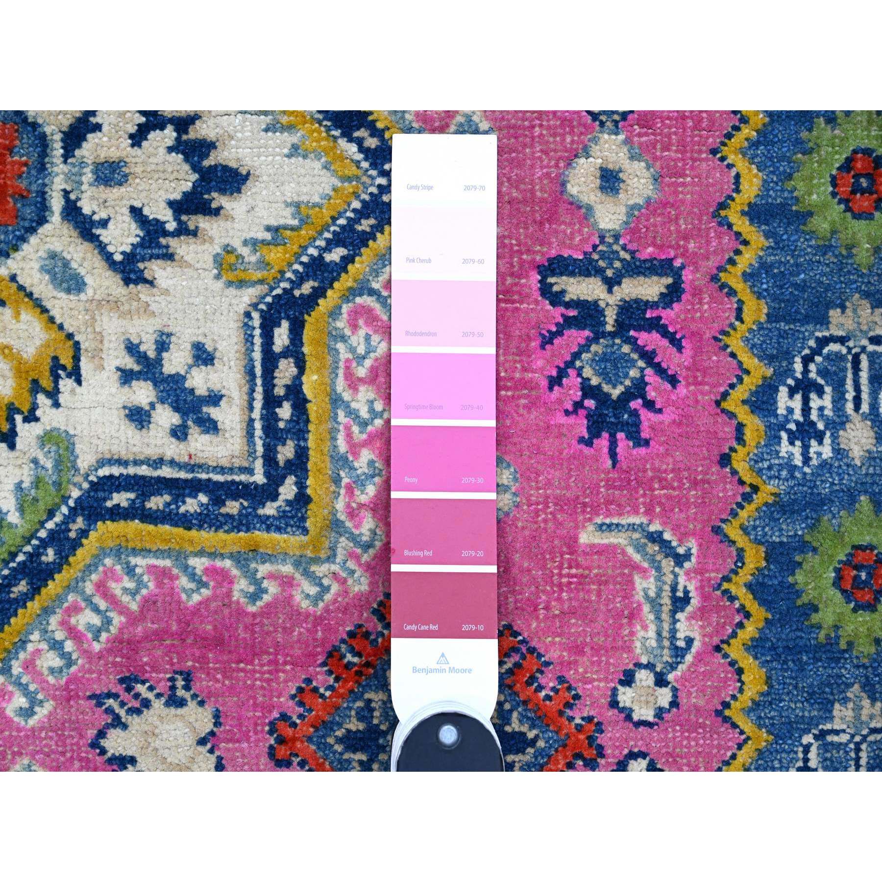 5'x6'9" Thulian Pink, Hand Knotted Caucasian Design, Colorful And Vibrant Fusion Kazak, Pure Wool, Oriental Rug HR89338 - Image 3