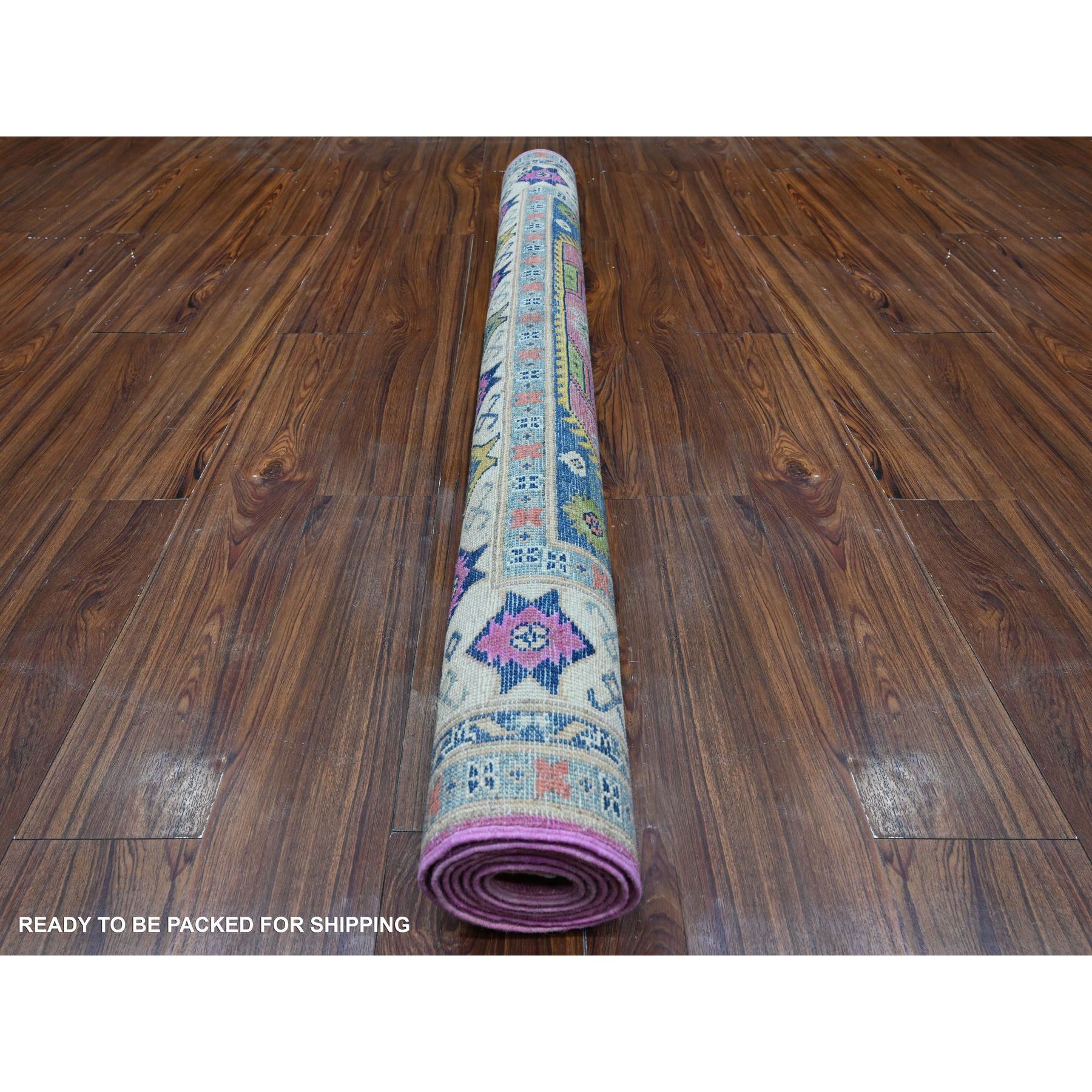 5'x6'9" Thulian Pink, Hand Knotted Caucasian Design, Colorful And Vibrant Fusion Kazak, Pure Wool, Oriental Rug HR89338 - Image 4
