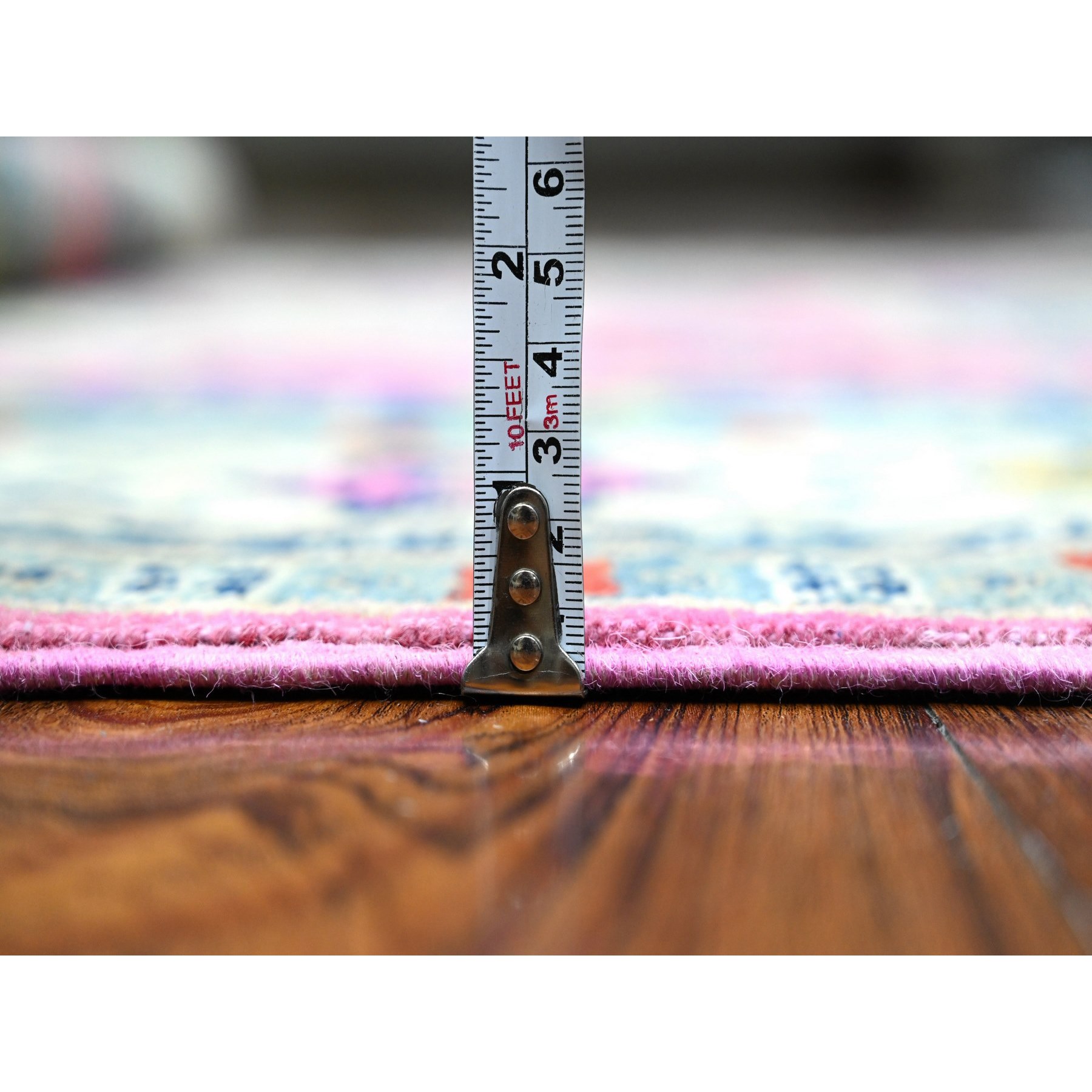 5'x6'9" Thulian Pink, Hand Knotted Caucasian Design, Colorful And Vibrant Fusion Kazak, Pure Wool, Oriental Rug HR89338 - Image 5
