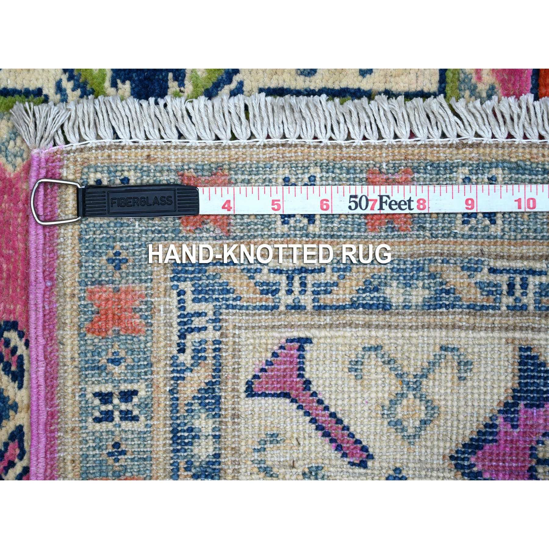 5'x6'9" Thulian Pink, Hand Knotted Caucasian Design, Colorful And Vibrant Fusion Kazak, Pure Wool, Oriental Rug HR89338 - Image 6