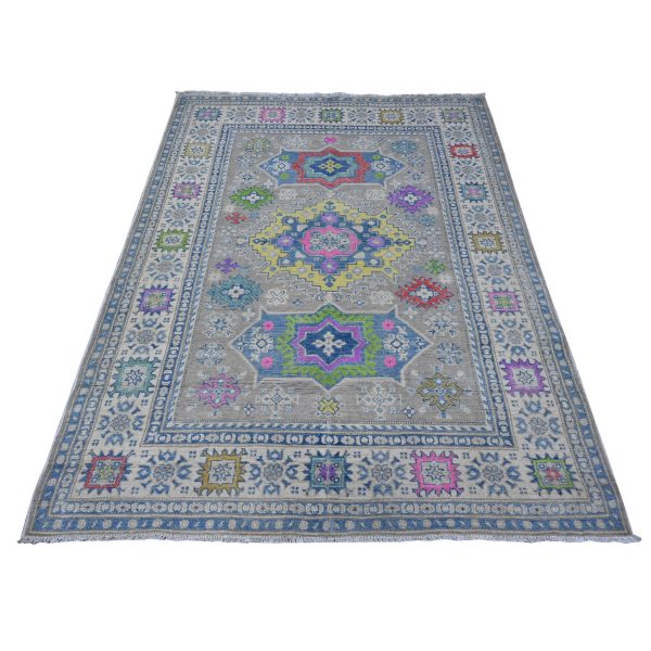 5'x6'8" Dorian Gray, Caucasian Design, Hand Knotted, Fusion Kazak, All Natural Wool, Oriental Rug HR89340
