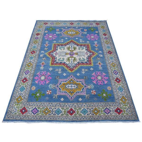 5'x6'5" Air Superiority Blue, Pure And Shiny Wool, Caucasian Design With Large Centre Geometric Medallion, Hand Knotted, Fusion Kazak, Oriental Rug HR89343