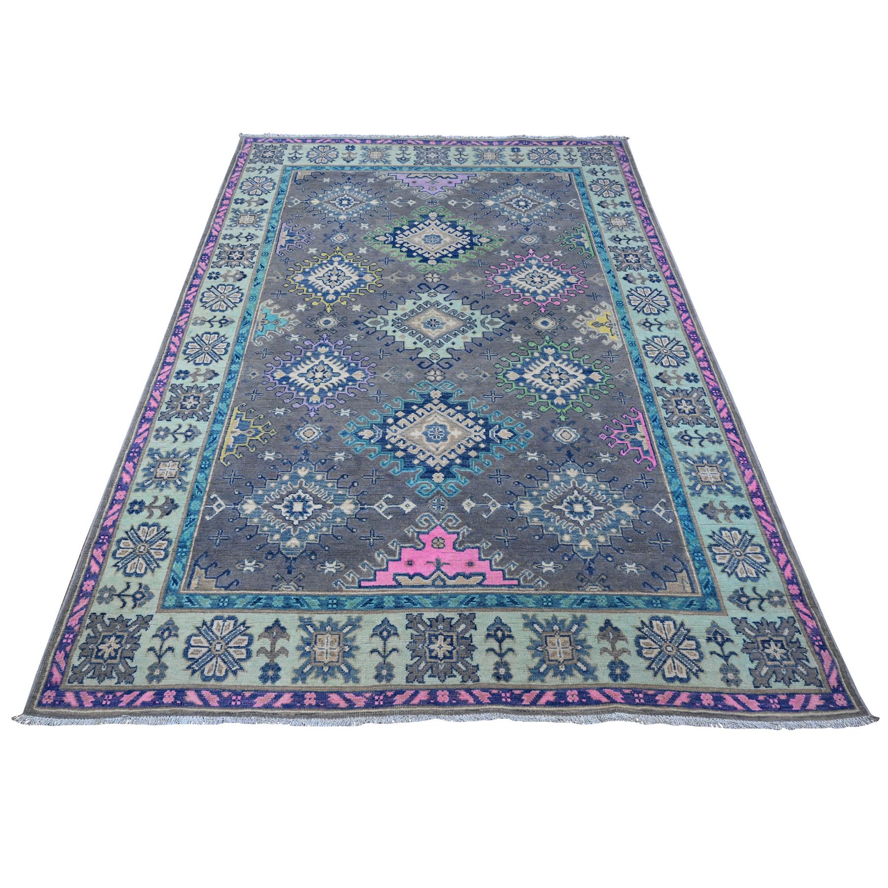 5'6"x7'7" Dark Silver Gray, Hand Knotted Soft And Vibrant Wool, Colorful Caucasian Design, Fusion Kazak Oriental Rug HR89345