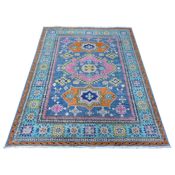 5'1"x6'4" Bayern Blue, All Natural Wool, Caucasian Design, Colorful Fusion Kazak, Pure Wool, Oriental Rug HR89347