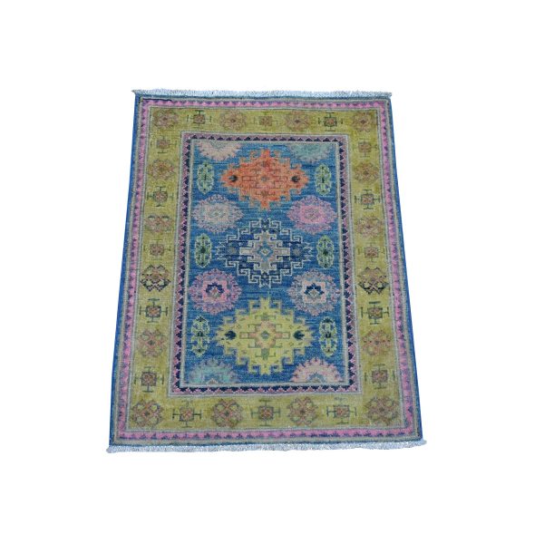 2'1"x2'6" Medium Sapphire Blue, Vibrant Wool, Hand Knotted Caucasian Design, Fusion Kazak, Oriental Mat Rug HR89388