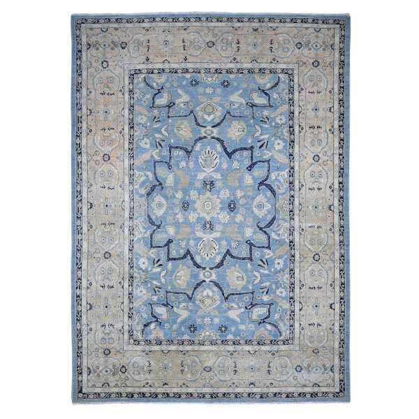 8'7"x12'2" Jeans Blue, Zero Pile, Sheared Low, Shaved Down, Heriz Flower Medallion Design, 100% Wool Hand Knotted, Oriental Rug HR89423