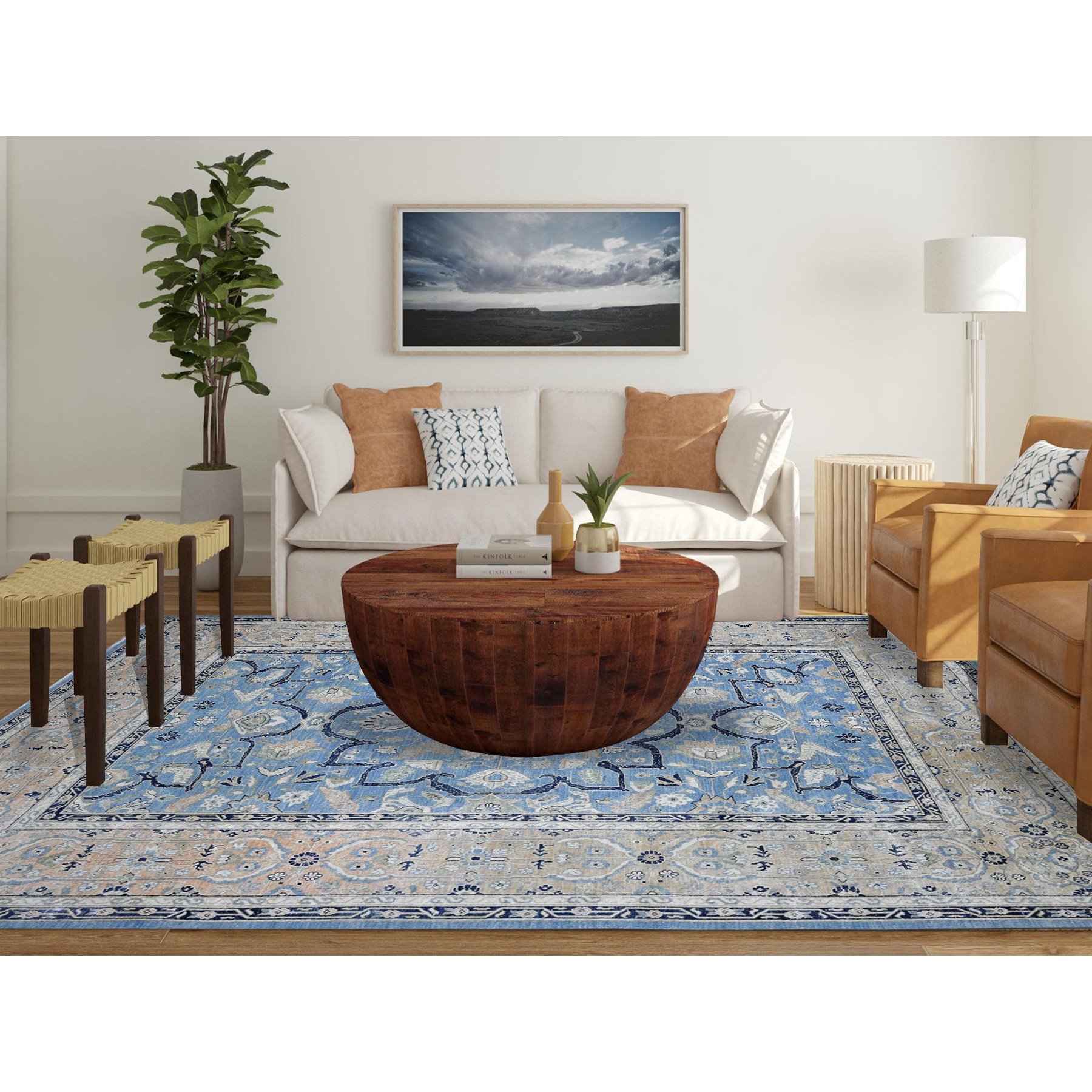 8'7"x12'2" Jeans Blue, Zero Pile, Sheared Low, Shaved Down, Heriz Flower Medallion Design, 100% Wool Hand Knotted, Oriental Rug HR89423 - Image 2