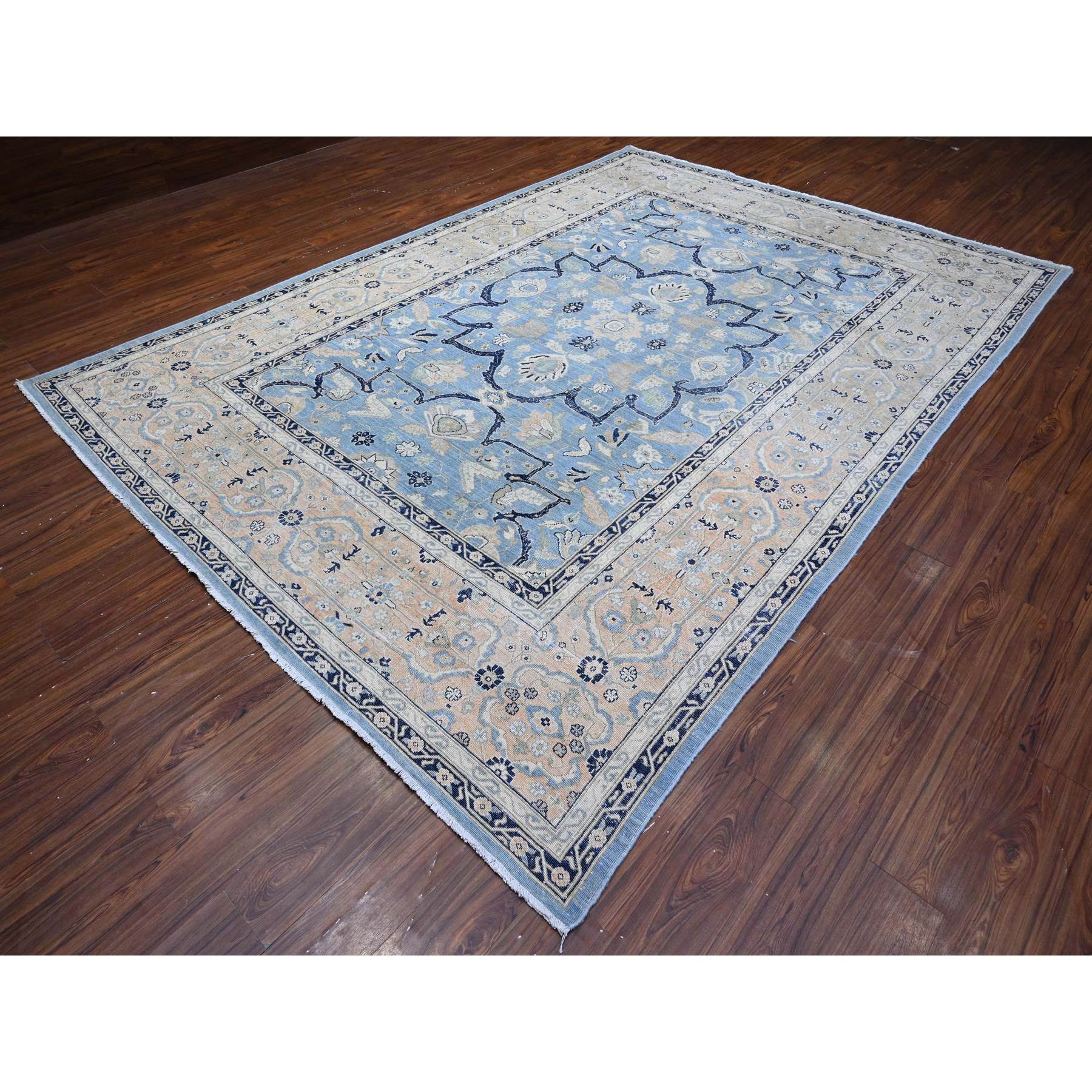 8'7"x12'2" Jeans Blue, Zero Pile, Sheared Low, Shaved Down, Heriz Flower Medallion Design, 100% Wool Hand Knotted, Oriental Rug HR89423 - Image 4