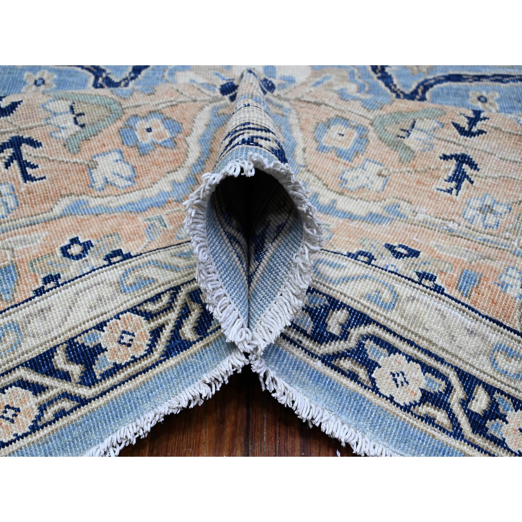 8'7"x12'2" Jeans Blue, Zero Pile, Sheared Low, Shaved Down, Heriz Flower Medallion Design, 100% Wool Hand Knotted, Oriental Rug HR89423 - Image 6