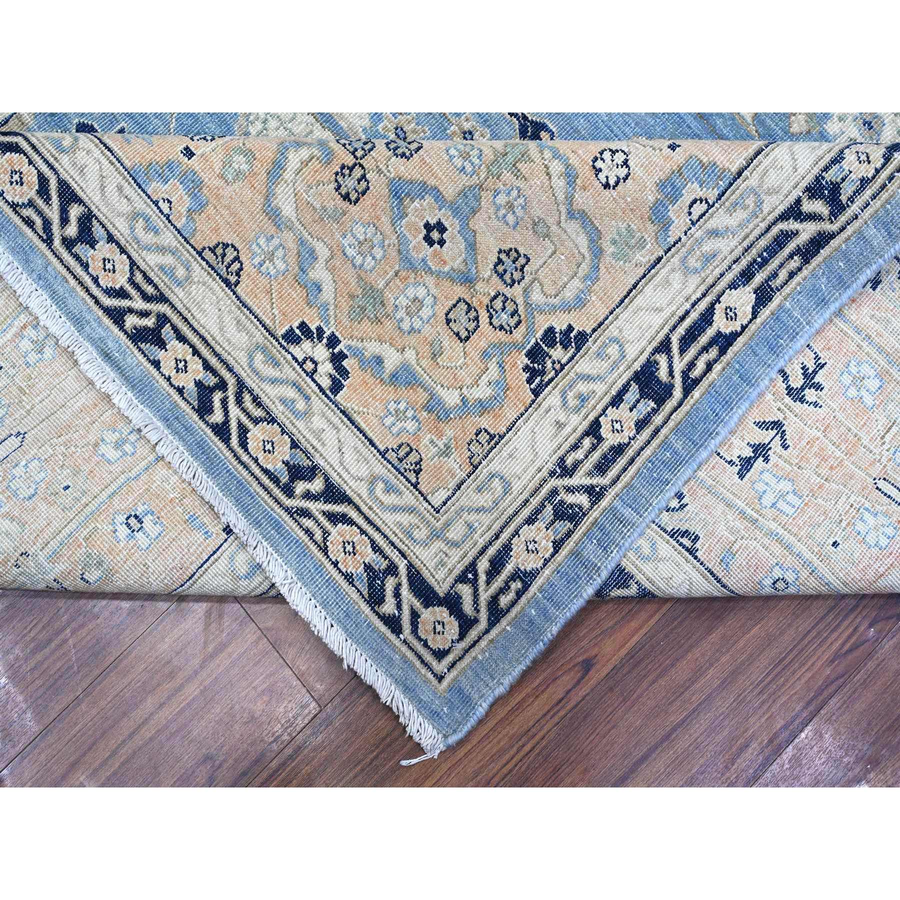 8'7"x12'2" Jeans Blue, Zero Pile, Sheared Low, Shaved Down, Heriz Flower Medallion Design, 100% Wool Hand Knotted, Oriental Rug HR89423 - Image 7