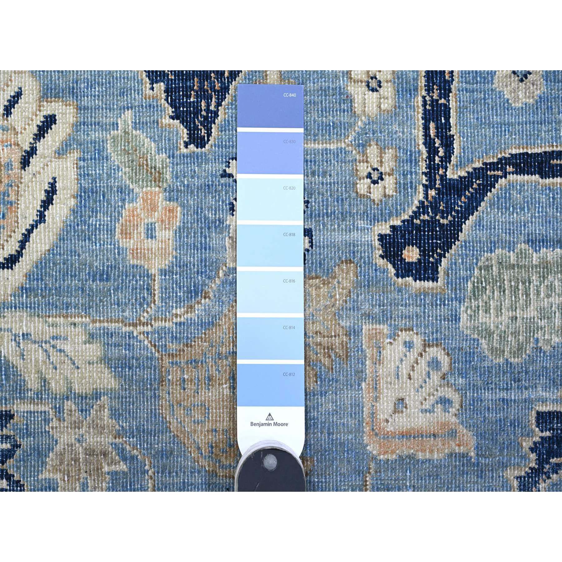 8'7"x12'2" Jeans Blue, Zero Pile, Sheared Low, Shaved Down, Heriz Flower Medallion Design, 100% Wool Hand Knotted, Oriental Rug HR89423 - Image 8