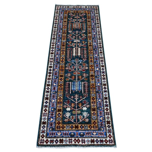 2'x5'8" Sacramento Green and Royal Blue, Velvety Wool, Natural Dyes, Hand Knotted Willow And Cypress Tree Design, Afghan Angora Oushak, Runner Oriental Rug HR89437