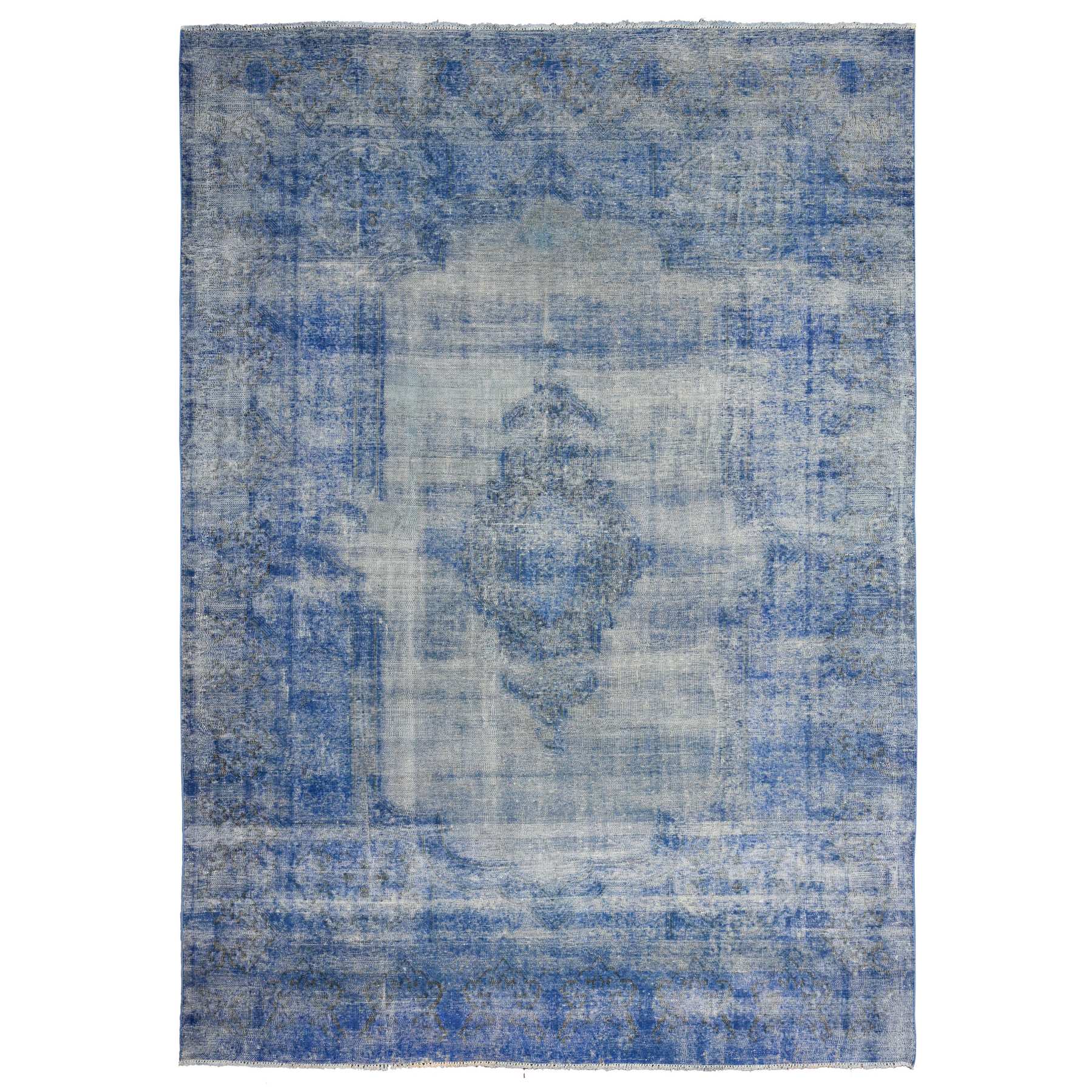 8'1"x11'5" Chelsea Blue, Distressed Look, Worn Pile, Open Field Design, Velvety Wool, Sides Secured, Hand Knotted Vintage Persian Kerman, Overdyed, Cropped Thin, Oriental Rug HR89448