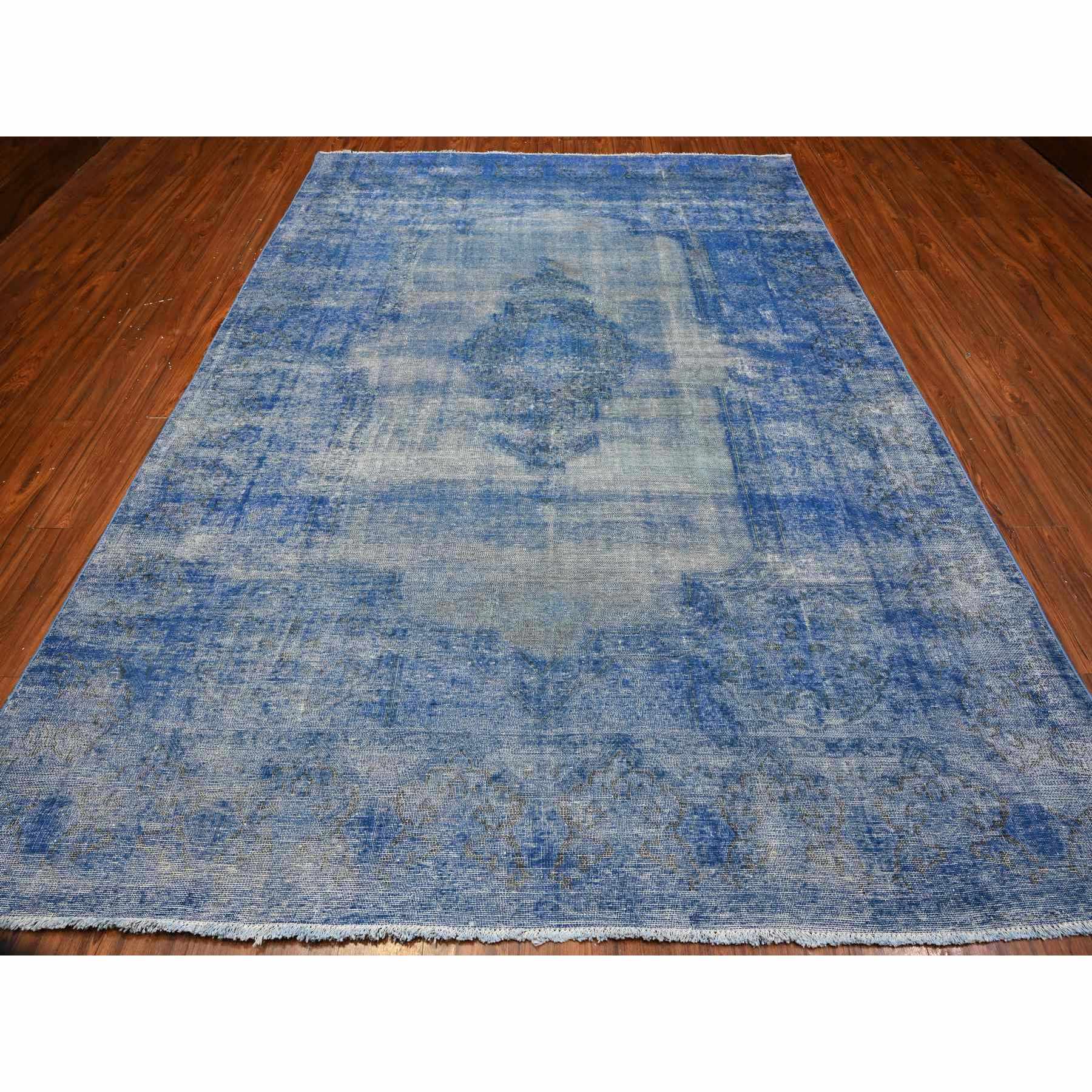 8'1"x11'5" Chelsea Blue, Distressed Look, Worn Pile, Open Field Design, Velvety Wool, Sides Secured, Hand Knotted Vintage Persian Kerman, Overdyed, Cropped Thin, Oriental Rug HR89448 - Image 2