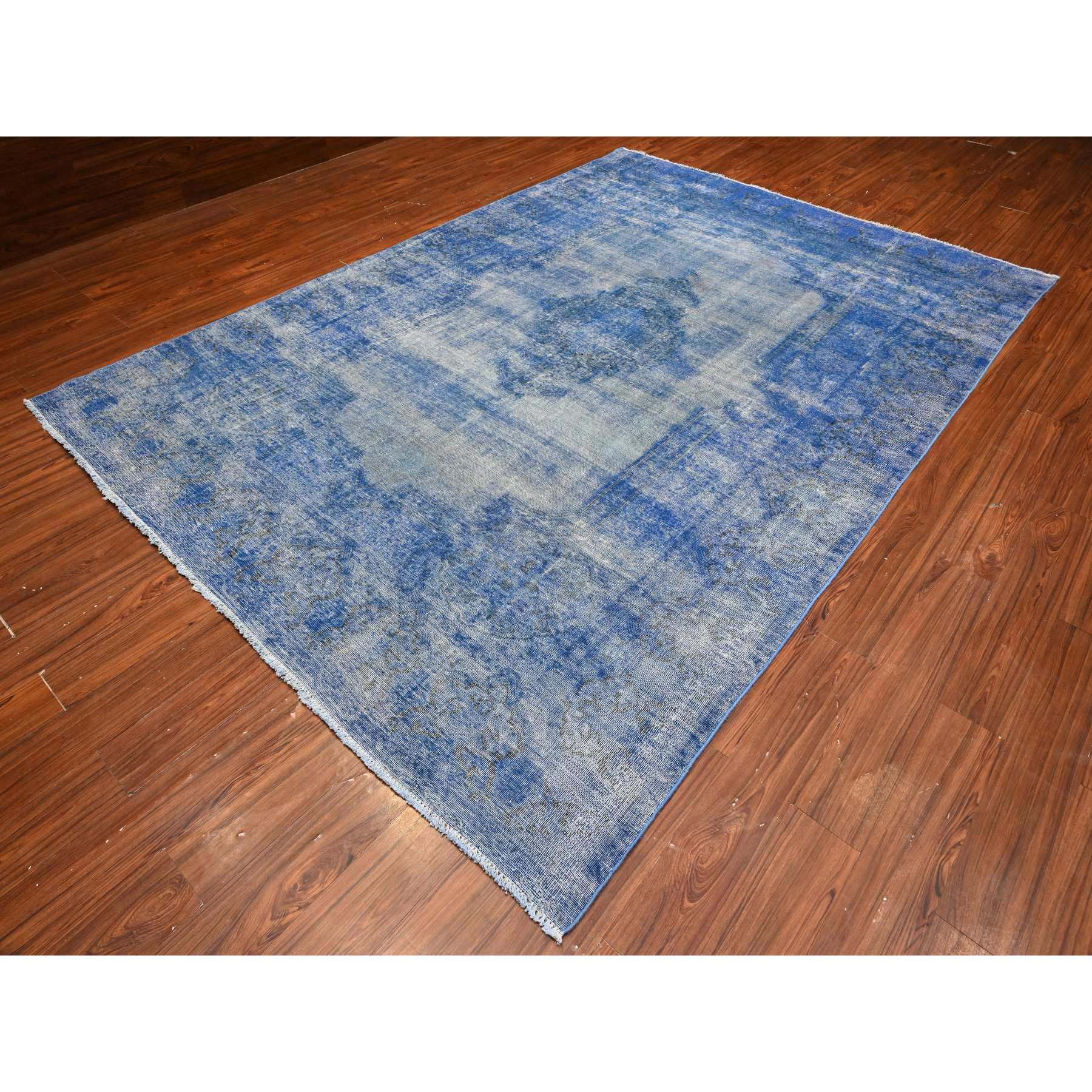 8'1"x11'5" Chelsea Blue, Distressed Look, Worn Pile, Open Field Design, Velvety Wool, Sides Secured, Hand Knotted Vintage Persian Kerman, Overdyed, Cropped Thin, Oriental Rug HR89448 - Image 3