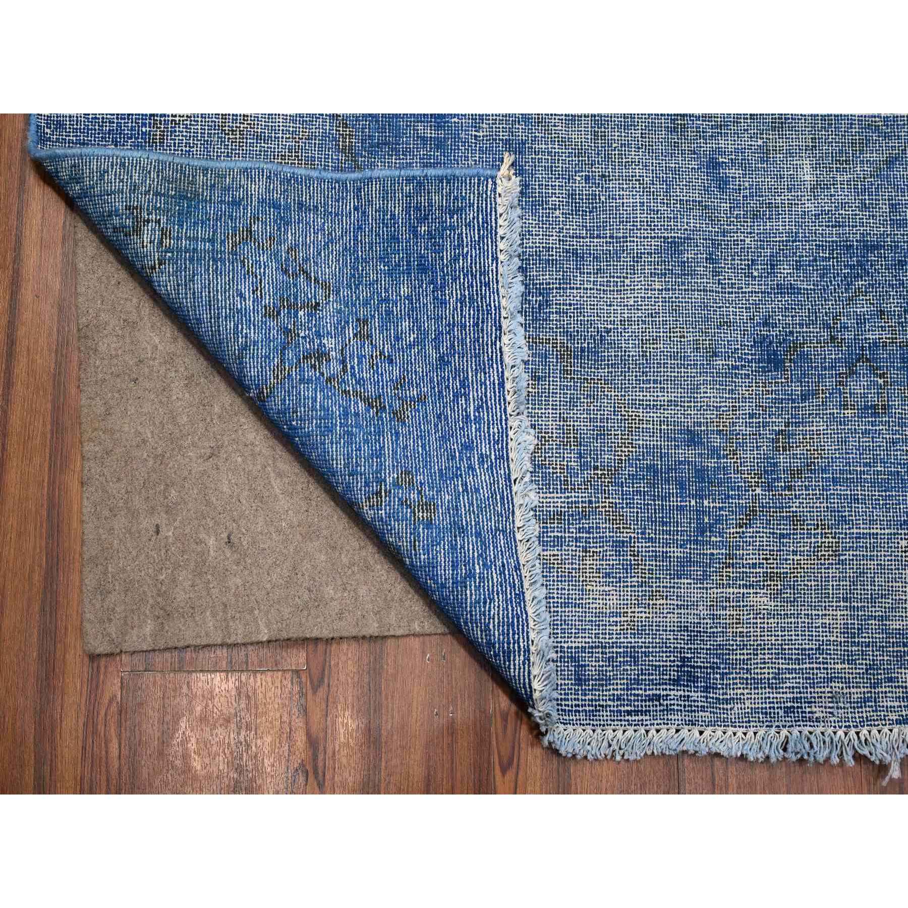 8'1"x11'5" Chelsea Blue, Distressed Look, Worn Pile, Open Field Design, Velvety Wool, Sides Secured, Hand Knotted Vintage Persian Kerman, Overdyed, Cropped Thin, Oriental Rug HR89448 - Image 4