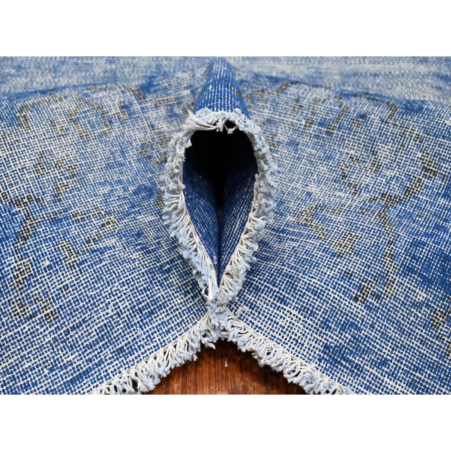 8'1"x11'5" Chelsea Blue, Distressed Look, Worn Pile, Open Field Design, Velvety Wool, Sides Secured, Hand Knotted Vintage Persian Kerman, Overdyed, Cropped Thin, Oriental Rug HR89448 - Image 5