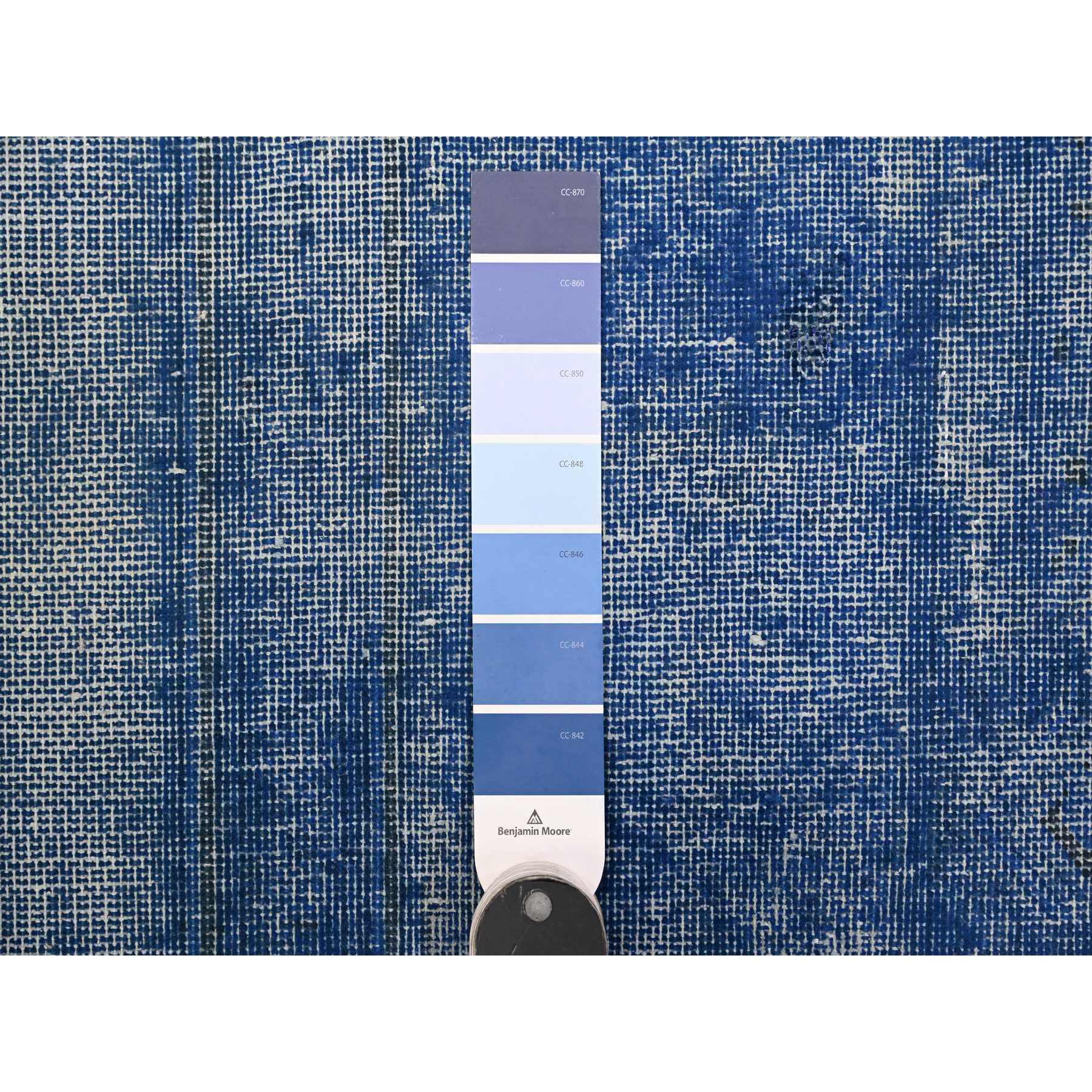 8'1"x11'5" Chelsea Blue, Distressed Look, Worn Pile, Open Field Design, Velvety Wool, Sides Secured, Hand Knotted Vintage Persian Kerman, Overdyed, Cropped Thin, Oriental Rug HR89448 - Image 7