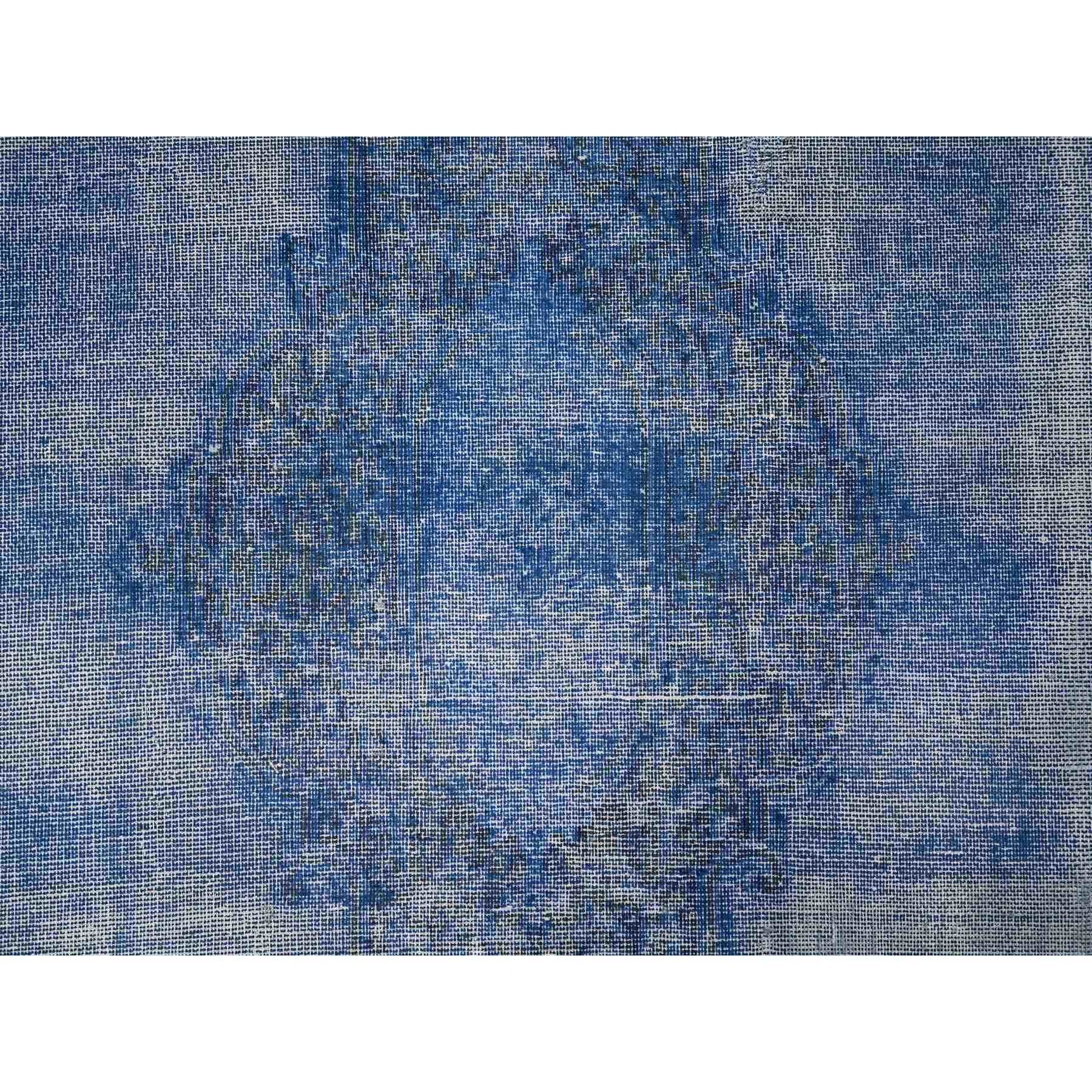 8'1"x11'5" Chelsea Blue, Distressed Look, Worn Pile, Open Field Design, Velvety Wool, Sides Secured, Hand Knotted Vintage Persian Kerman, Overdyed, Cropped Thin, Oriental Rug HR89448 - Image 8