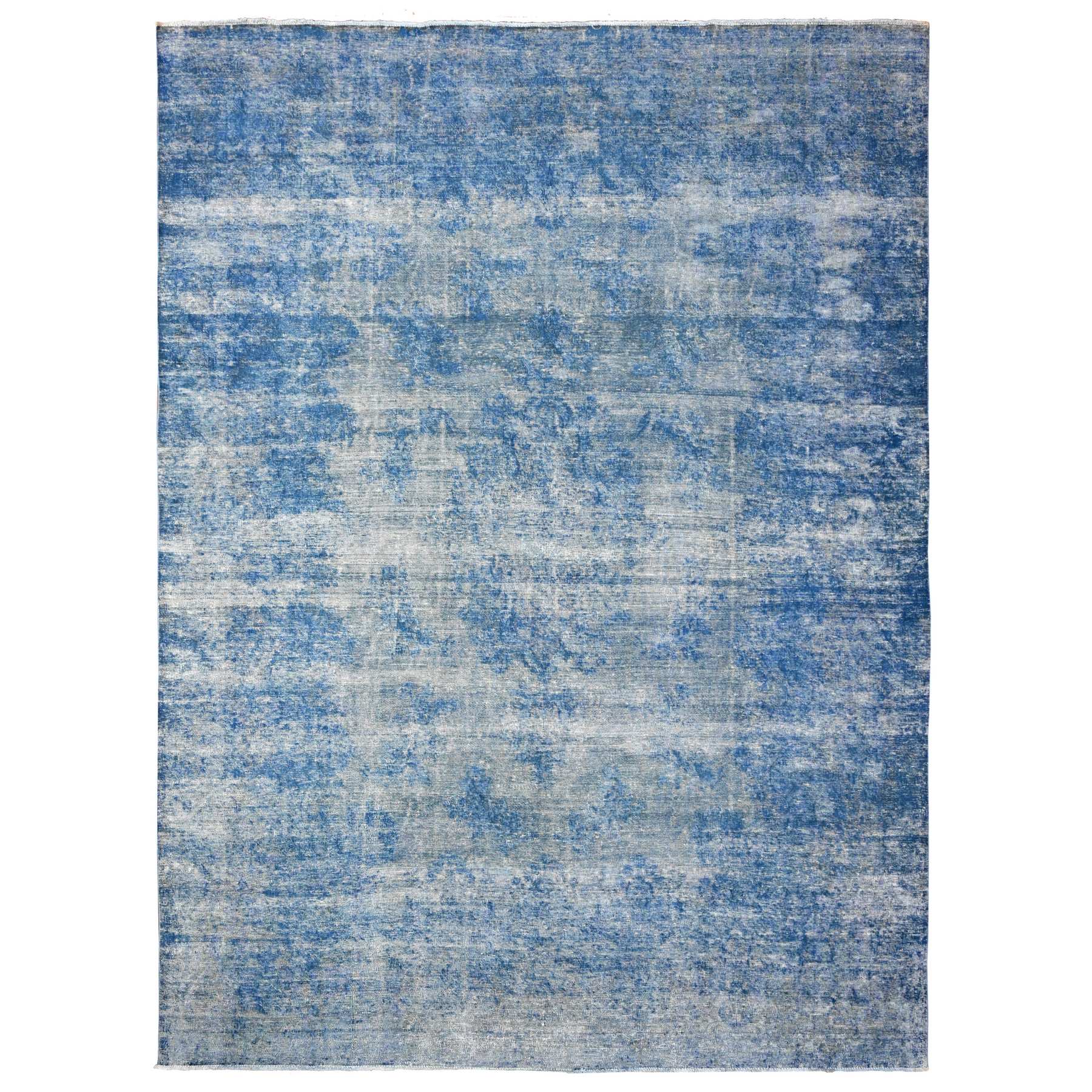 9'5"X12'10" Lapis Blue, Cleaned, Natural Wool, Hand Knotted, Broken Design Vintage Persian Kerman, Sides And Ends Secured Professionally, Distressed Oriental Rug HR89451