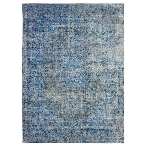 9'7"x13'1" Bayern Blue, Sheared Low Organic Wool, Hand Knotted, Overdyed Vintage Persian Kerman, Worn Pile, Sides Secured Professionally, Erased Design, Oriental Rug HR89479