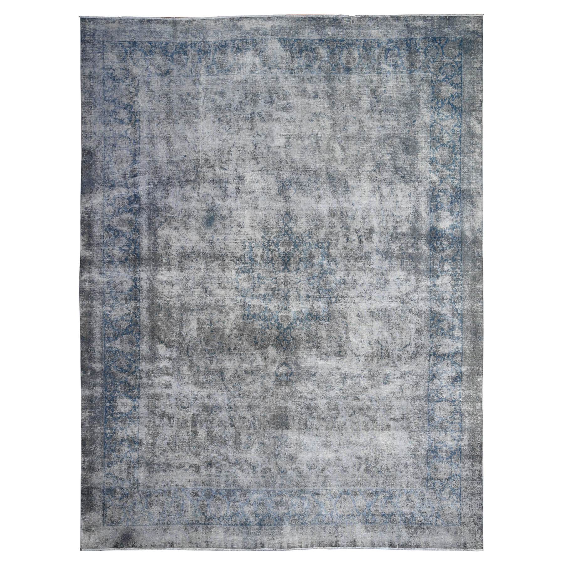 10'x13' Vintage Gray, Cropped Thin, Erased Medallions, Hand Knotted, All Wool Pile, Overdyed, Distressed And Worn Look, Vintage Persian Kerman, Clean And Soft, Oriental Rug HR89480