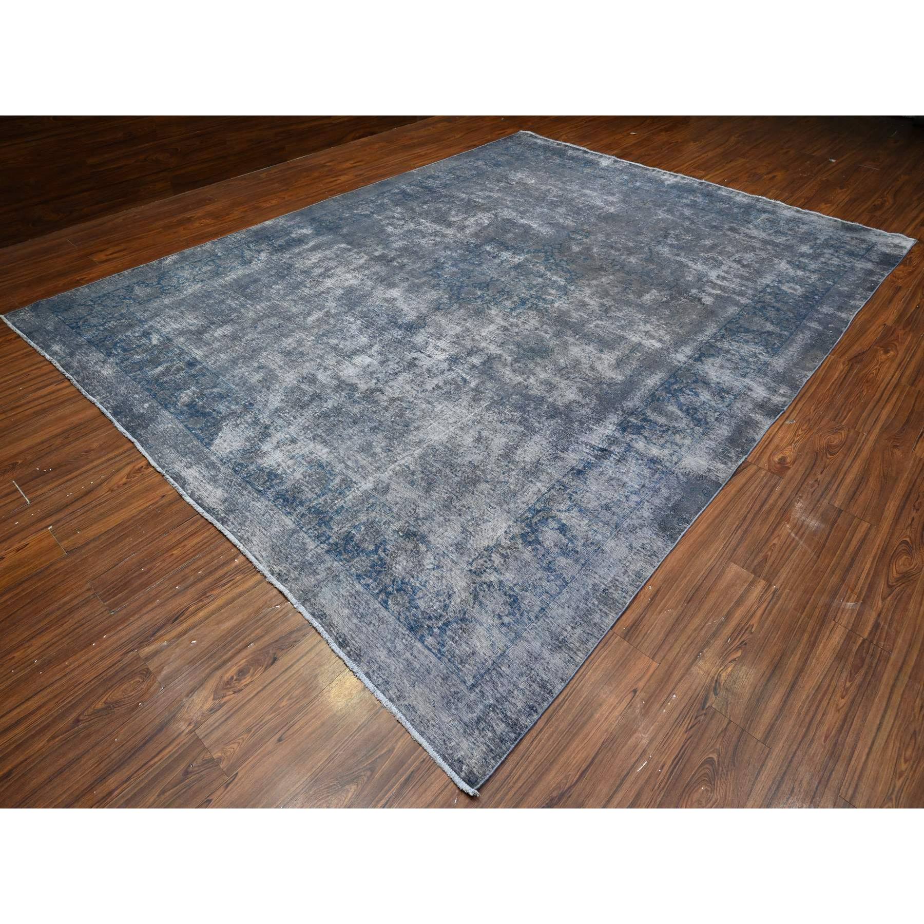10'x13' Vintage Gray, Cropped Thin, Erased Medallions, Hand Knotted, All Wool Pile, Overdyed, Distressed And Worn Look, Vintage Persian Kerman, Clean And Soft, Oriental Rug HR89480 - Image 3