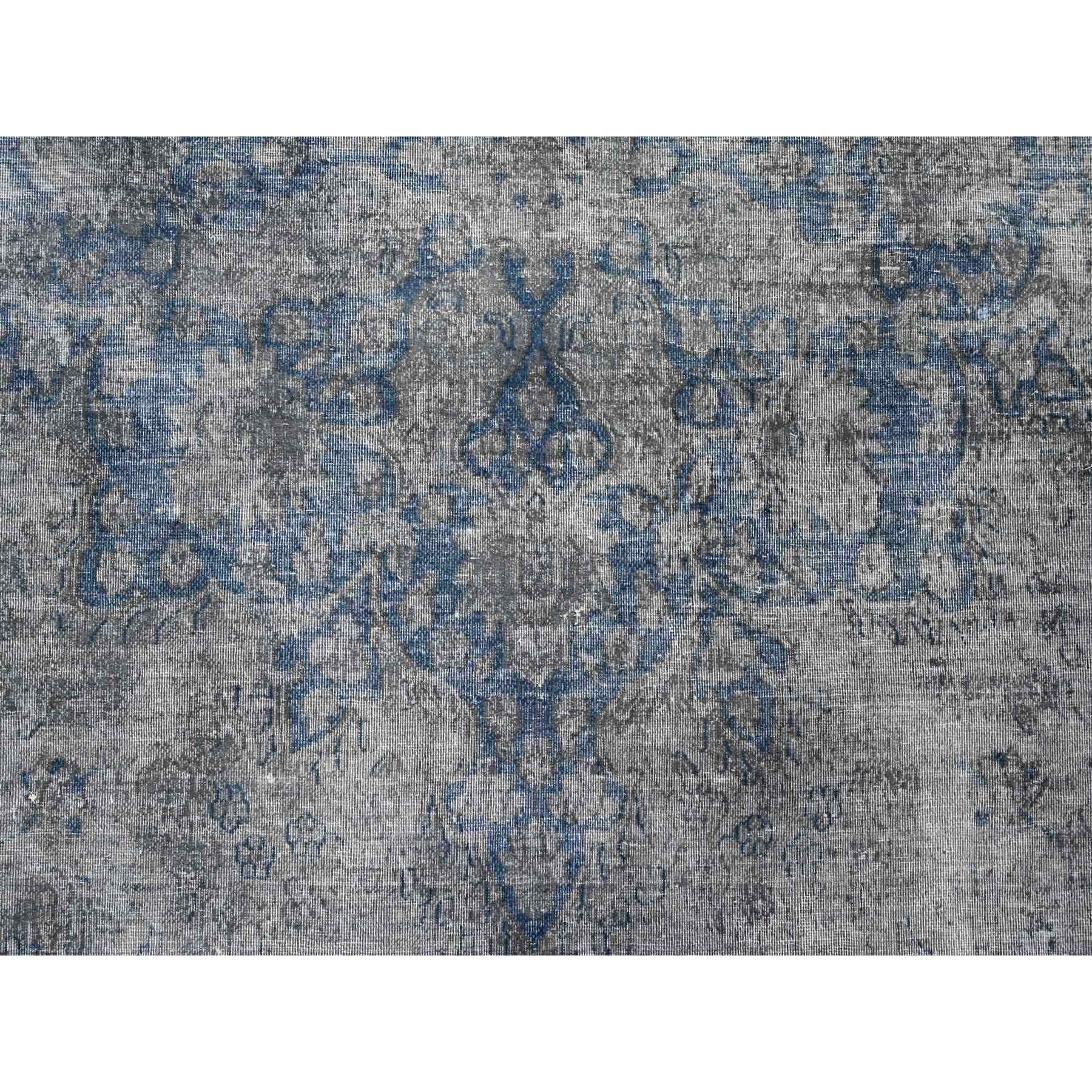10'x13' Vintage Gray, Cropped Thin, Erased Medallions, Hand Knotted, All Wool Pile, Overdyed, Distressed And Worn Look, Vintage Persian Kerman, Clean And Soft, Oriental Rug HR89480 - Image 8