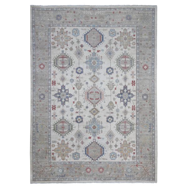 9'10"x13'10" Smoke White, All Wool, Karajeh Design With All Over Geometric Motifs, Hand Knotted, Natural Dyes, Oriental Rug HR89492