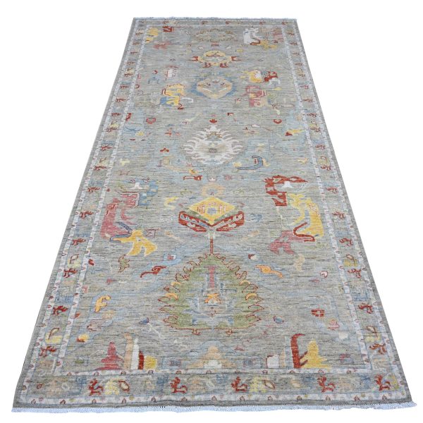 4'2"x9'6" Concrete Silver, All Natural Wool, Hand Knotted Fine Aryana With All Over Geometric Leaf Design, Vegetable Dyes Peshawar, Wide Runner Oriental Rug HR89495
