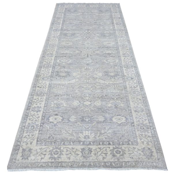 4'x9'9" Misty Gray, Densely Woven, Soft And Velvety Wool, Hand Knotted, Vegetable Dyes, Fine Peshawar with Ziegler Mahal Design, Wide Runner Oriental Rug HR89496