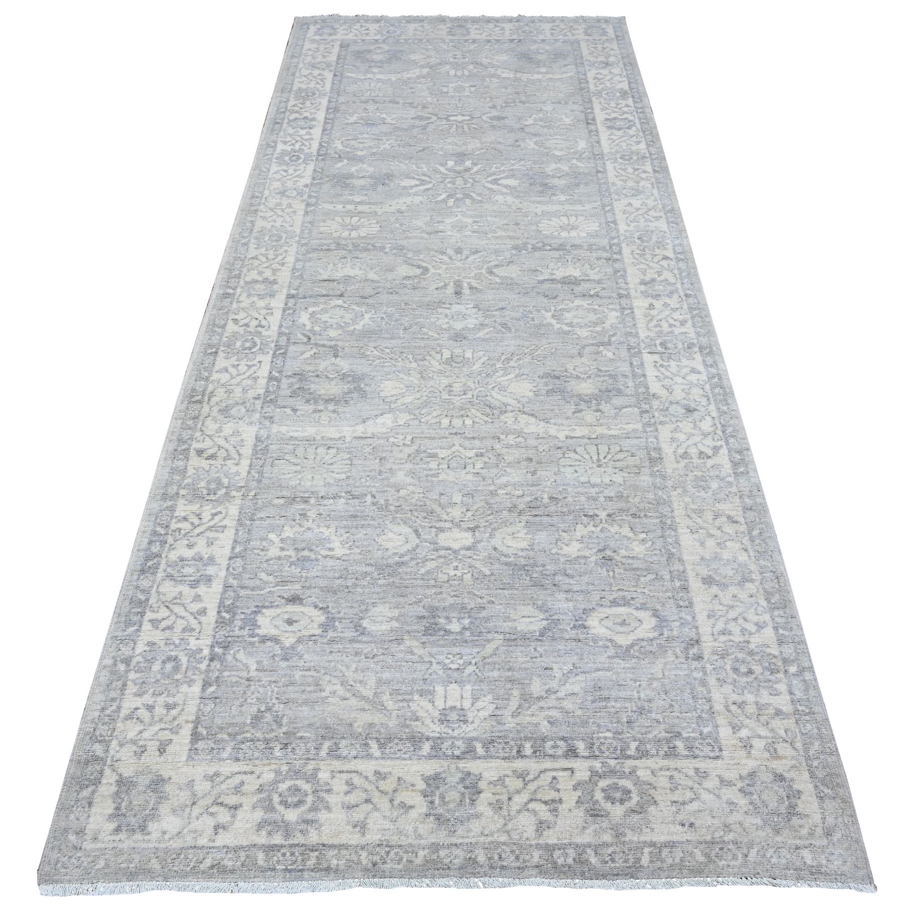 4'x9'9" Misty Gray, Densely Woven, Soft And Velvety Wool, Hand Knotted, Vegetable Dyes, Fine Peshawar with Ziegler Mahal Design, Wide Runner Oriental Rug HR89496