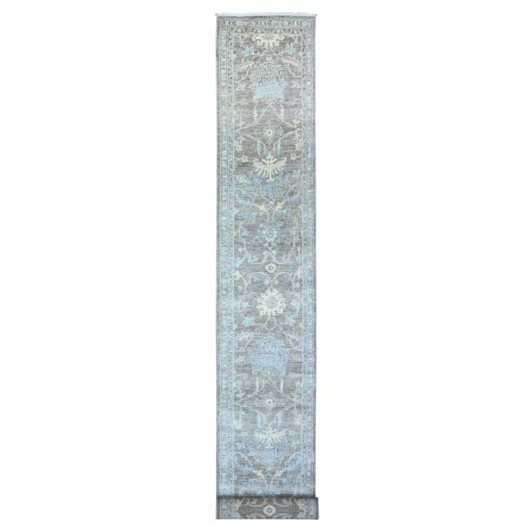 2'5"x20'1" Perfect Gray, All Over Mahal Design, Vegetable Dyes, Hand Knotted, Vibrant Wool, Oversized Runner Oriental Rug HR89499