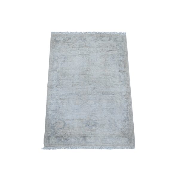 2'x2'9" Daisy White With Owl Gray, Extra Soft Wool, Hand Knotted, White Wash Peshawar with Faded Colors, Vegetable Dyes, Mat Oriental Rug HR89504