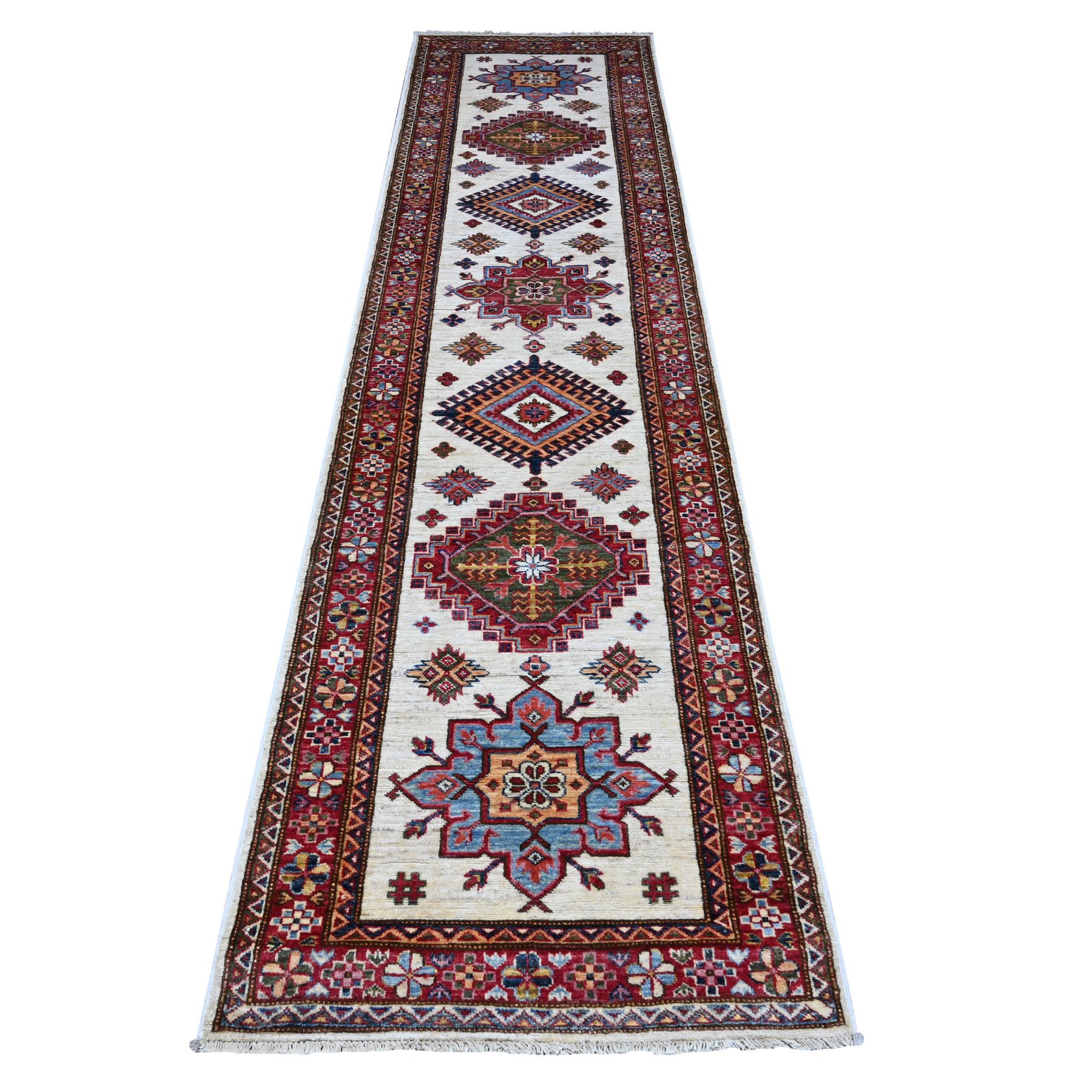2'7"x10'7" Egg White and Ruby Red, Hand Knotted 100% Wool, Afghan Super Kazak All Over Large Motifs, Natural Dyes, Runner Oriental Rug HR89561