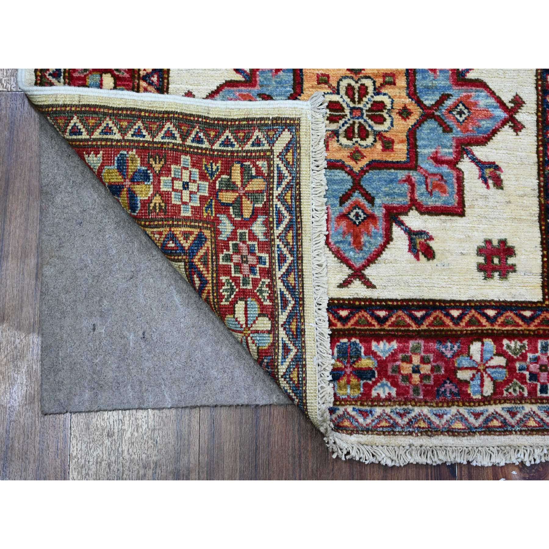 2'7"x10'7" Egg White and Ruby Red, Hand Knotted 100% Wool, Afghan Super Kazak All Over Large Motifs, Natural Dyes, Runner Oriental Rug HR89561 - Image 2