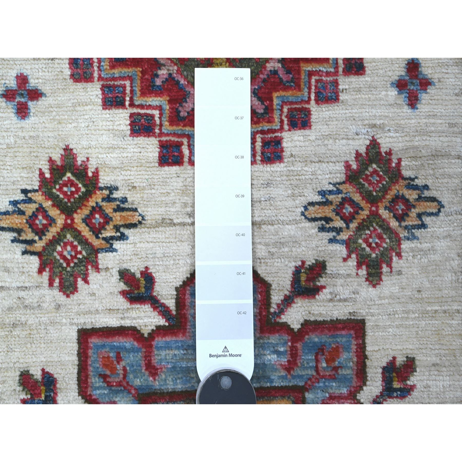 2'7"x10'7" Egg White and Ruby Red, Hand Knotted 100% Wool, Afghan Super Kazak All Over Large Motifs, Natural Dyes, Runner Oriental Rug HR89561 - Image 3